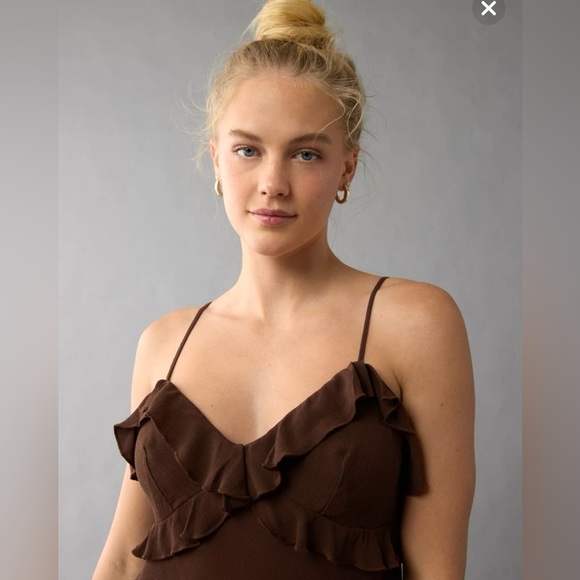 NWT American Eagle Outfitters Brown Ruffle Mini Dress Size L - Picture 2 of 10
